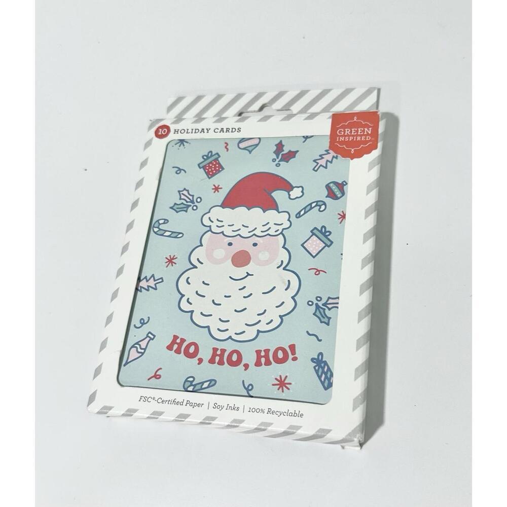 NEW Green Inspired Holiday Note Cards White Envelopes Santa Christmas 10ct Ho Ho